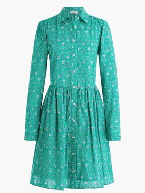 J. Crew Teal Green Floral Long-Sleeve Button Dress